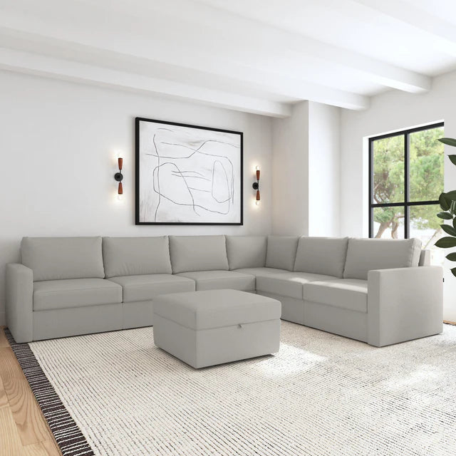 Flex 6-Seat Sectional with Standard Arm and Storage Ottoman - Frost