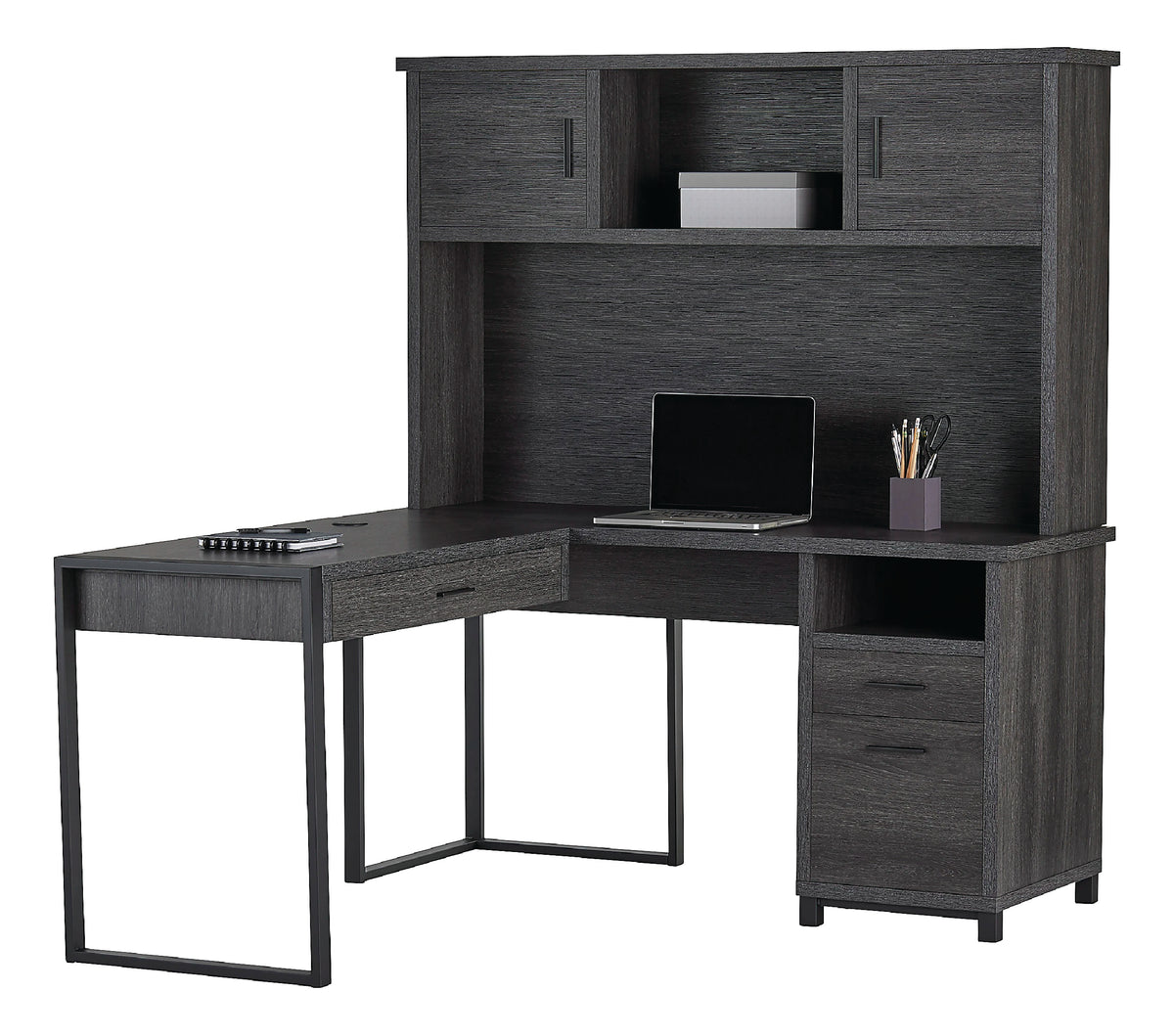 Realspace® DeJori 59"W L-Shape Corner Desk With Hutch "Charcoal"