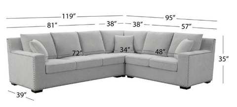 Constantine 119.5 in. W Square Arm 3pc Polyester L Shaped Sectional, Light Gray