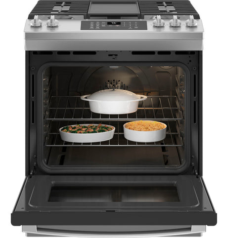 GE® 30" Slide-In Front-Control Convection Gas Range with No Preheat Air Fry JGS760SPSS